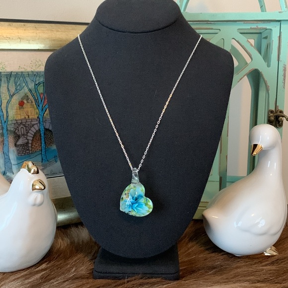 Blue and Green Floral Glass 3 Dimenisional Heart Pendant on a Delicate 925 Chain - Picture 13 of 13